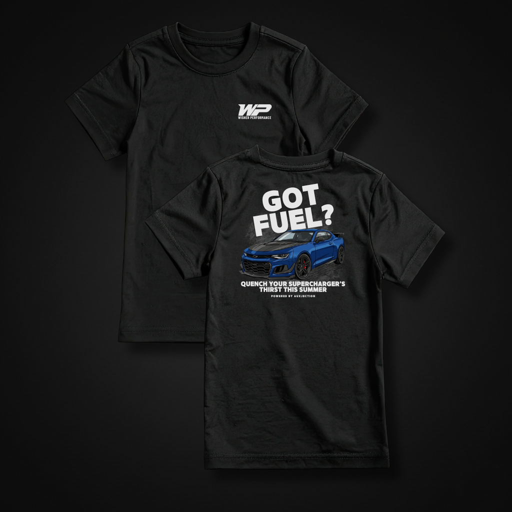 Wisher Performance Graphic Tee. Wisher Performance front logo and Camaro ZL1 back saying Quench your supercharger's thirst this summer. Powered by AuxJection.
