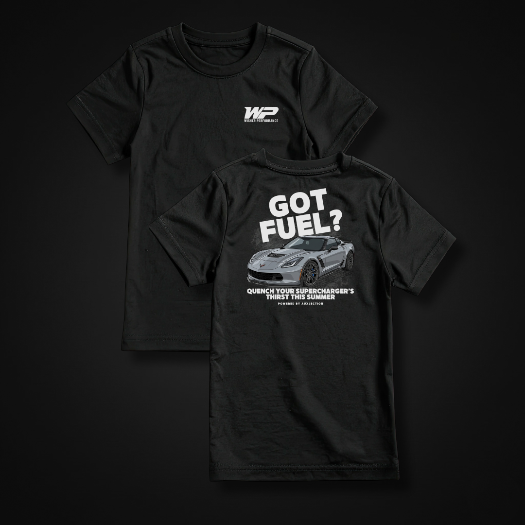 Wisher Performance Graphic Tee. Wisher Performance front logo and Corvette Z06 back saying Quench your supercharger's thirst this summer. Powered by AuxJection.