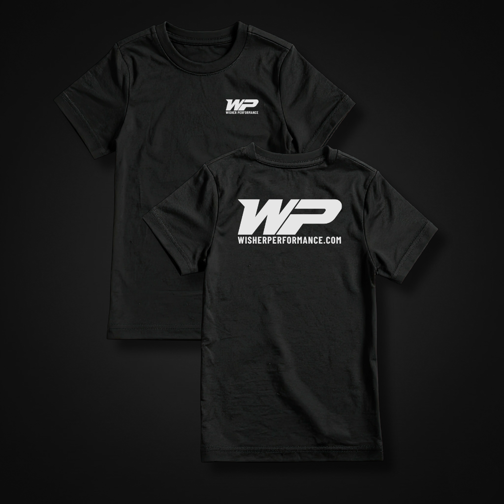 A black Wisher Performance Logo Tee with a white logo in cotton