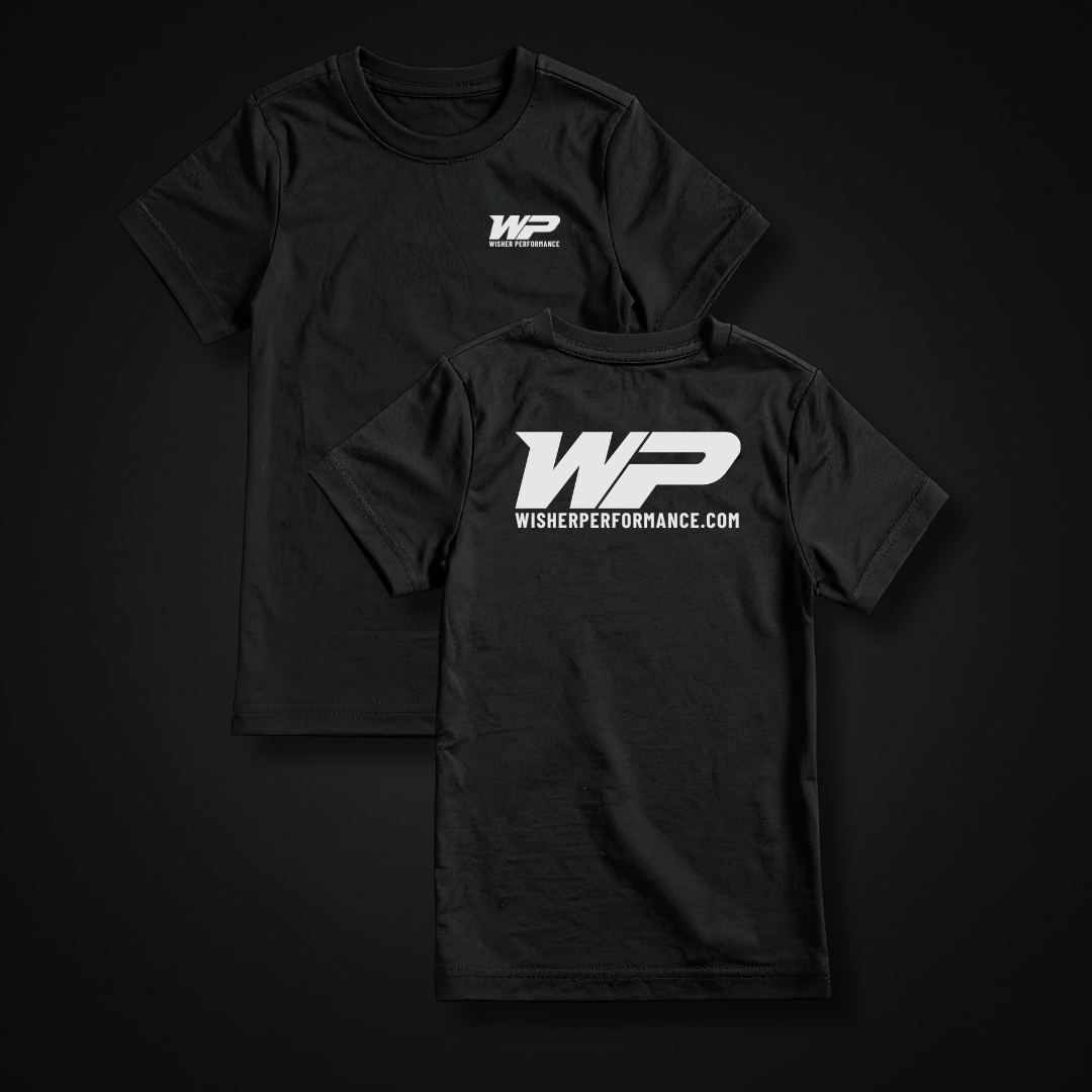 A black Wisher Performance Logo Tee with a white logo in cotton
