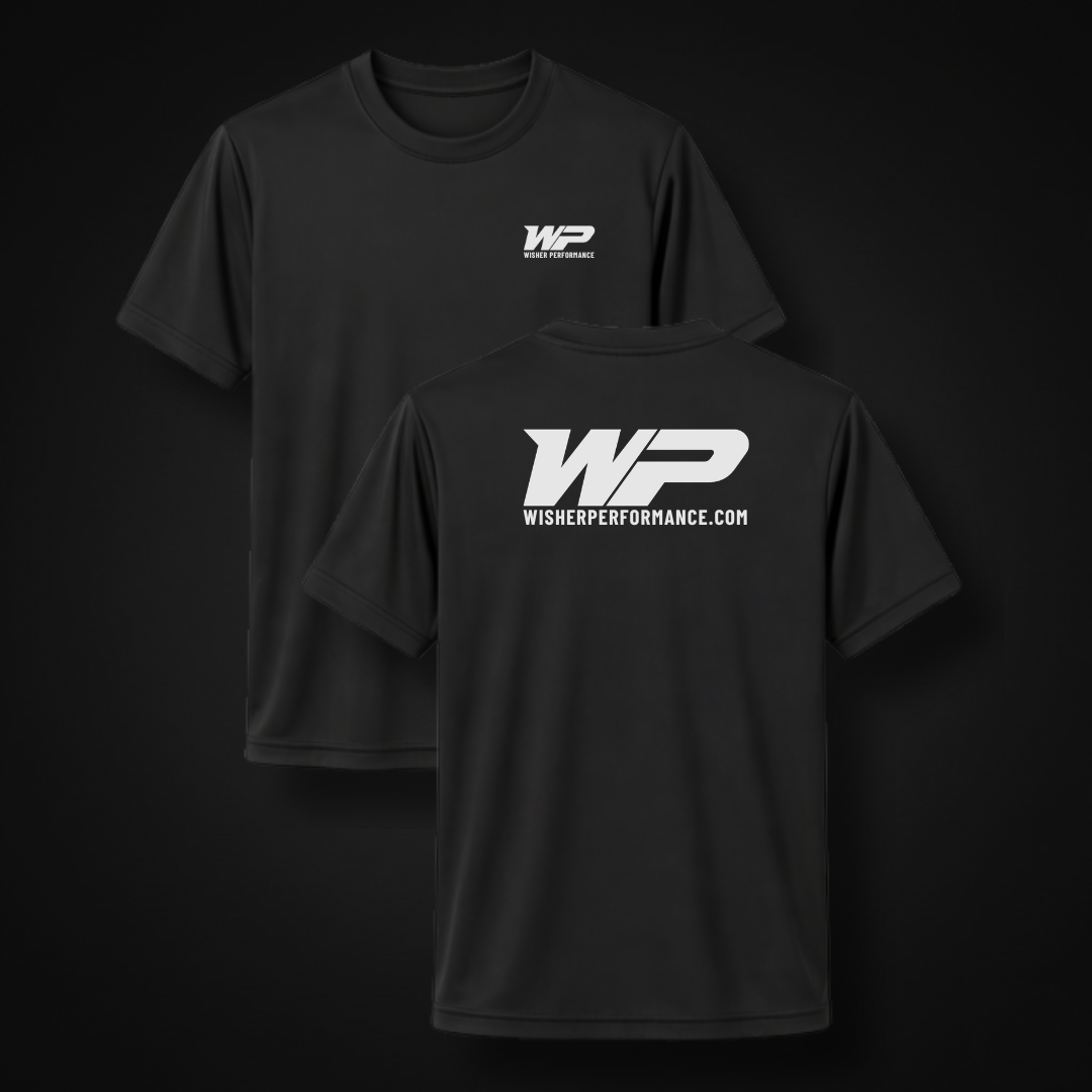 A black Wisher Performance Logo Tee with a white logo in performance dri-fit