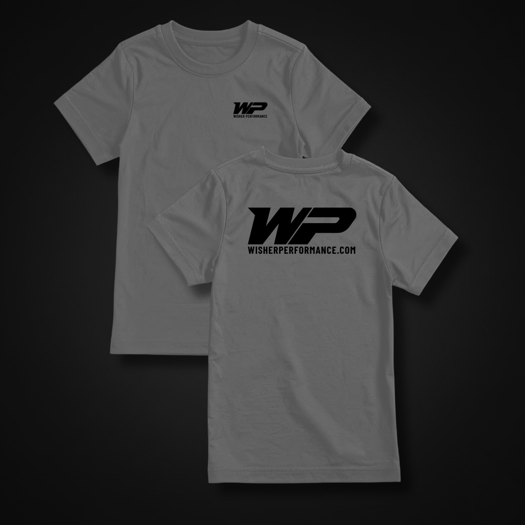 A gray Wisher Performance Logo Tee with a black logo in cotton