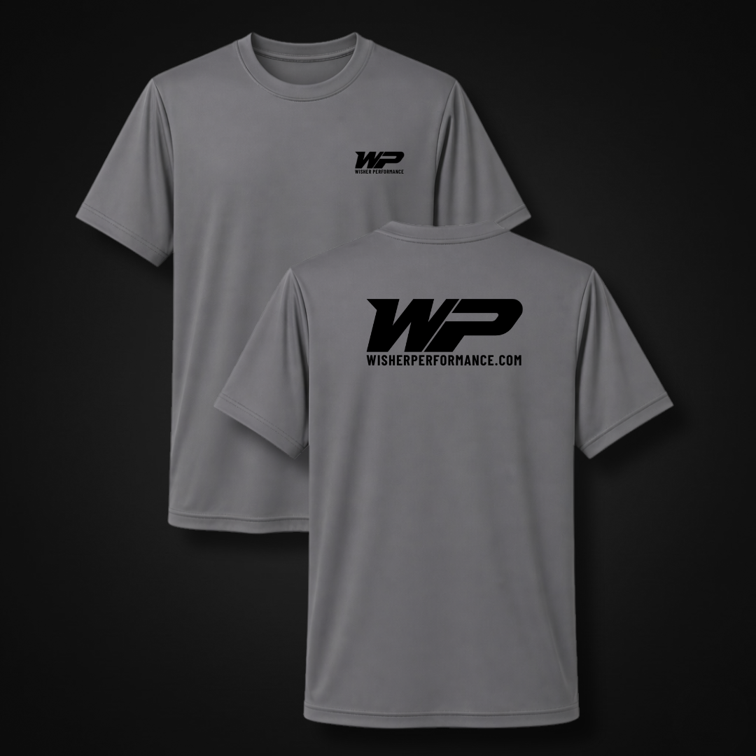 A gray Wisher Performance Logo Tee with a black logo in performance dri-fit