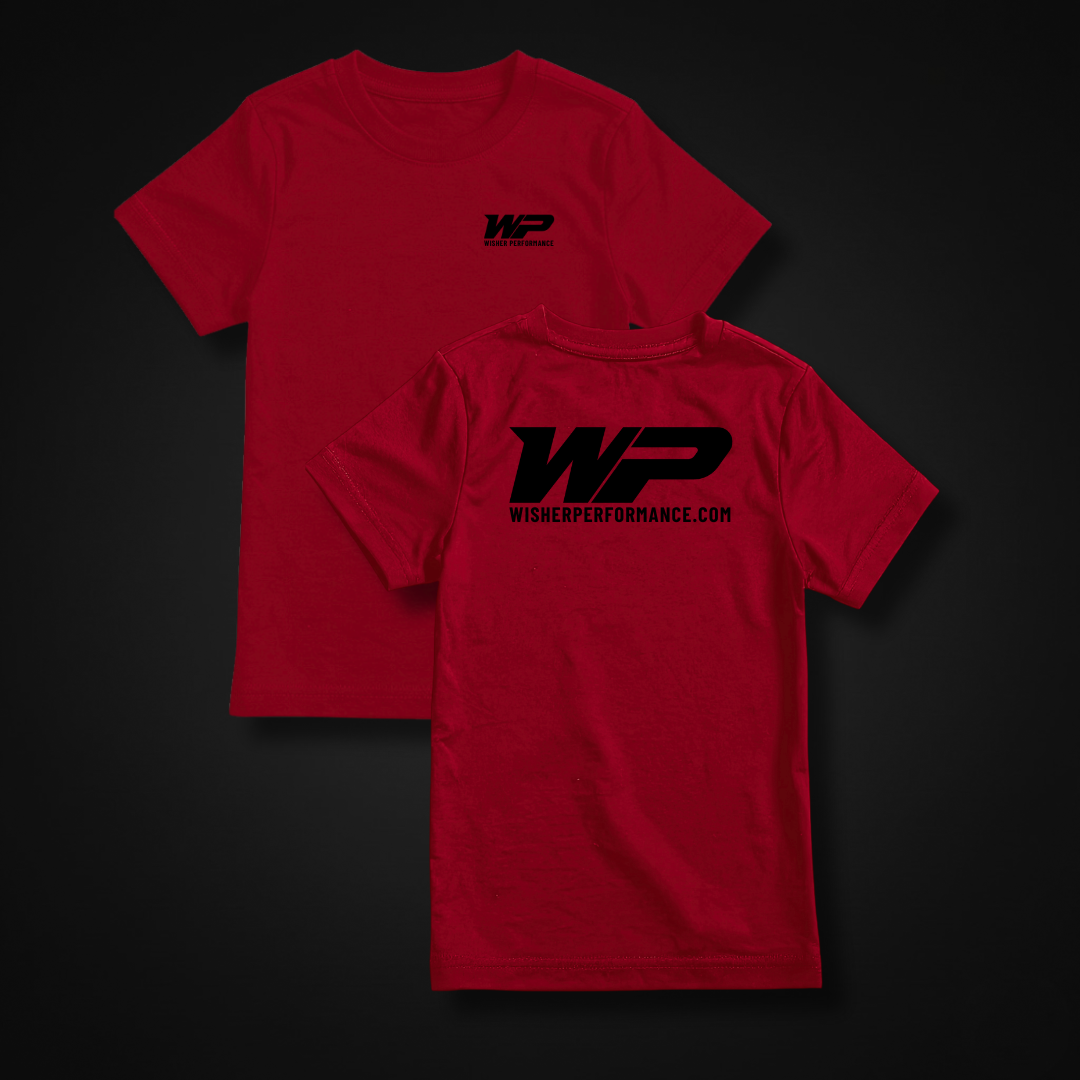 A red Wisher Performance Logo Tee with a black logo in cotton