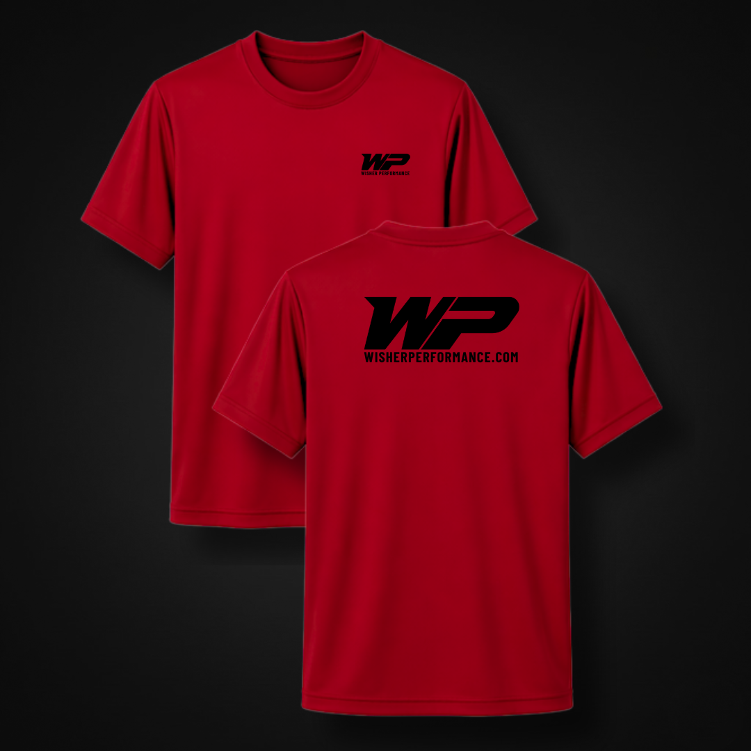 A red Wisher Performance Logo Tee with a black logo in performance dri-fit