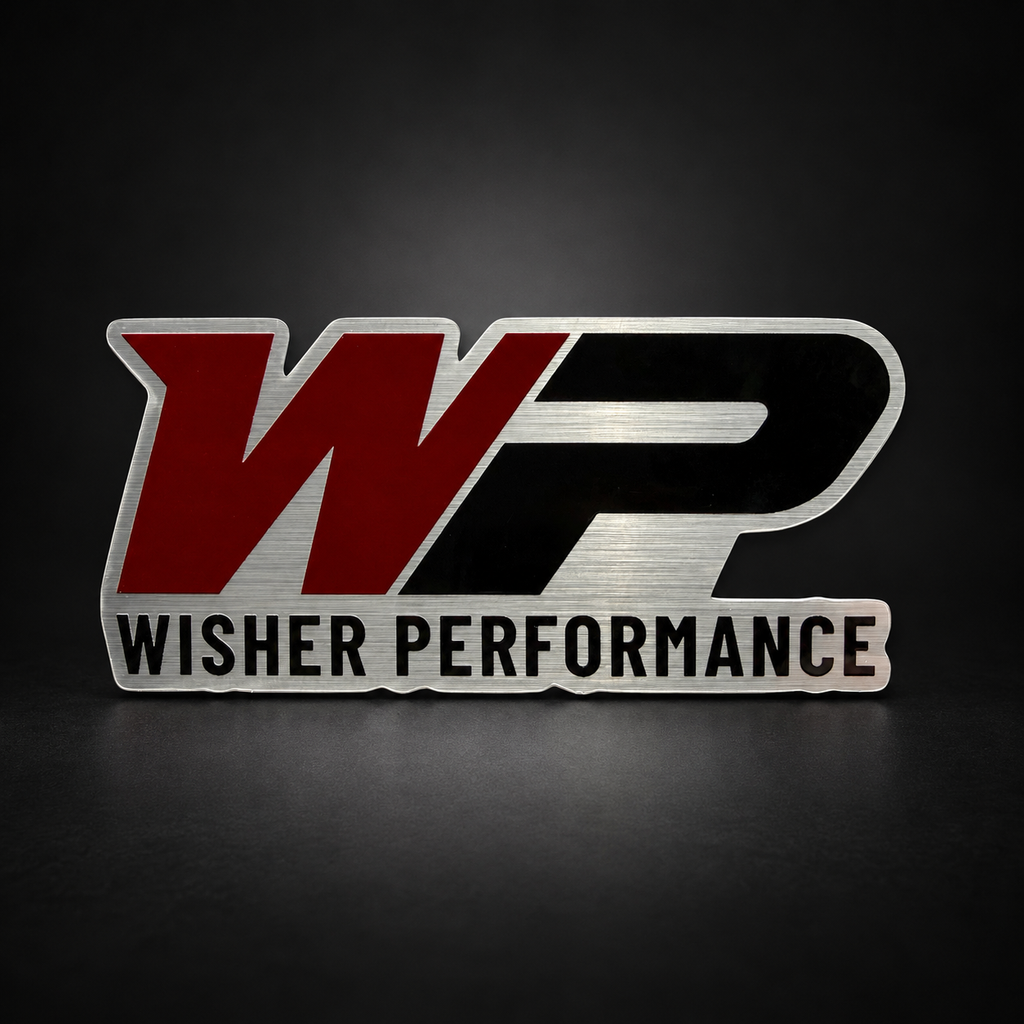 5” x 2.3” Brushed aluminum die cut sticker featuring the Wisher Performance logo.
