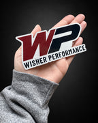 5” x 2.3” Brushed aluminum die cut sticker featuring the Wisher Performance logo.